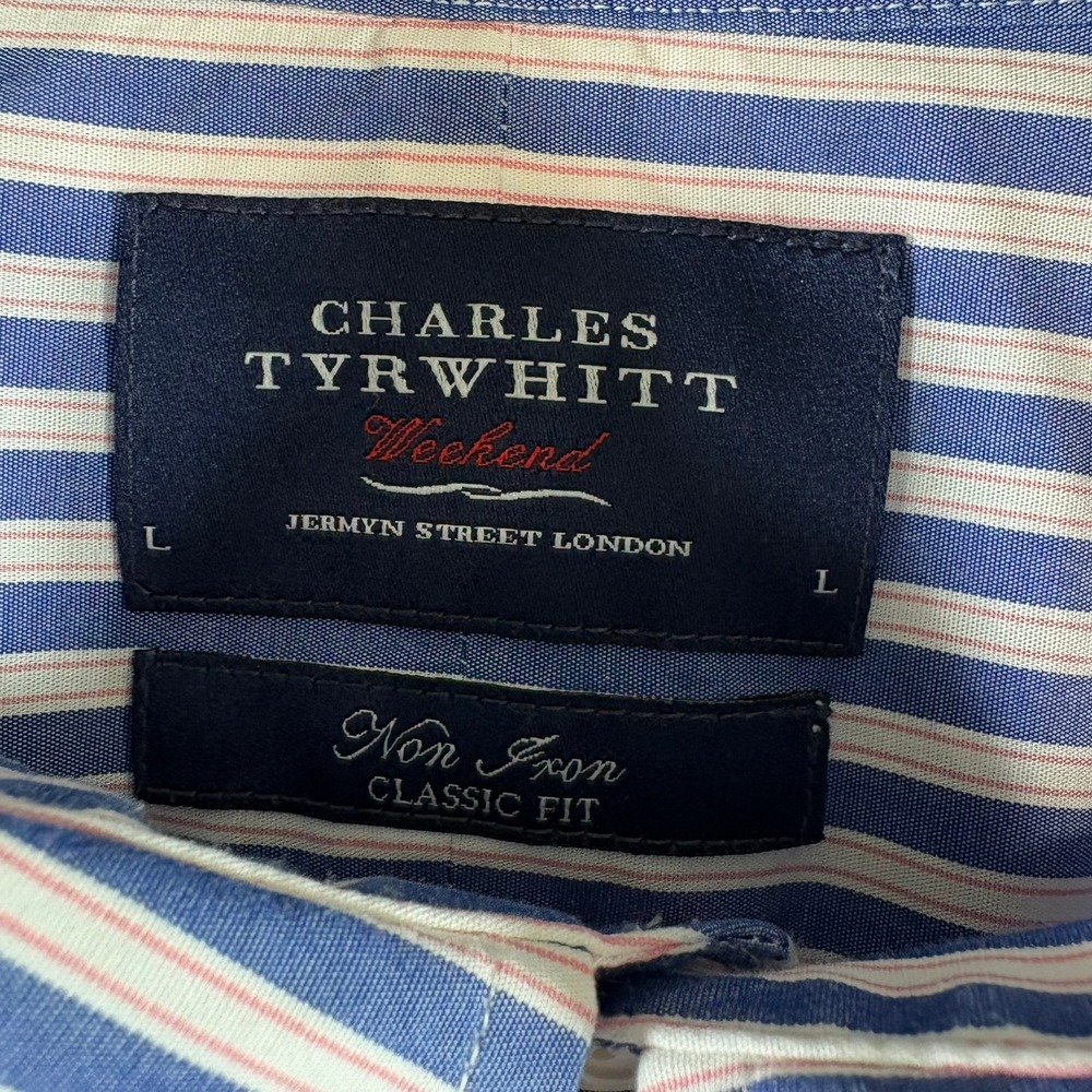 Charles Tyrwhitt Button Down Mens L Blue Striped Non-Iron Classic Fit Shirt - Picture 3 of 8